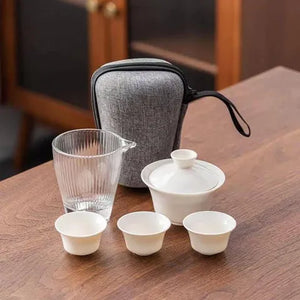 羊脂玉白瓷旅行茶具組 壺杯收納包三件組